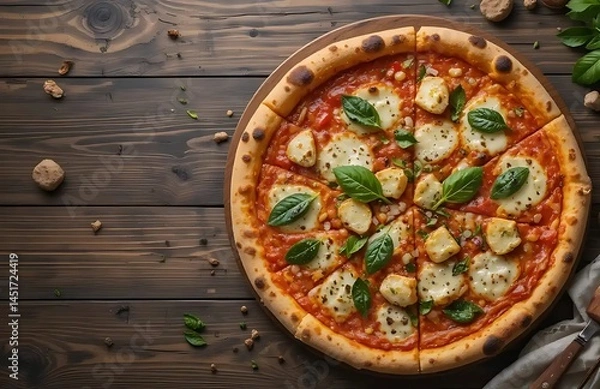 Fototapeta Classic Margherita Pizza with Fresh Basil on Rustic Wooden Tabletop, top view