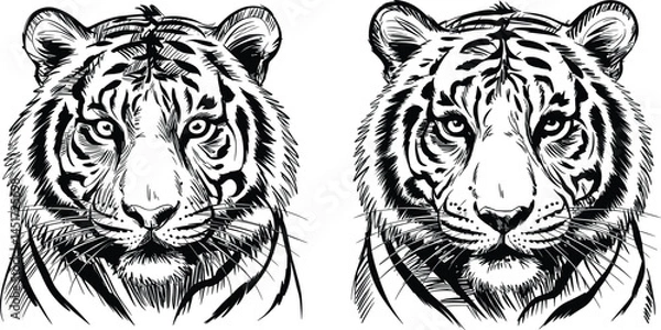 Fototapeta Realistic Hand-Drawn Tiger Face Sketch – Black and White Front View Illustration