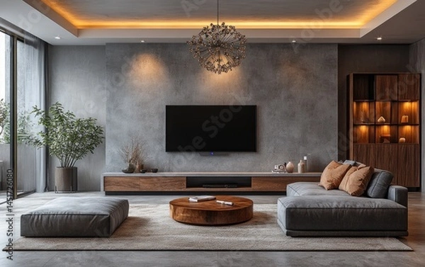 Obraz Modern living room, city view, cozy interior, relaxing atmosphere, home design