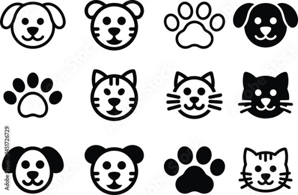 Fototapeta Minimalist Animal Face and Paw Print Icon Set in Line and Solid Style
