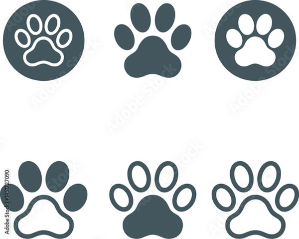 Fototapeta Set of Six Minimalist Paw Print Icons in Line Art and Solid Silhouette Styles