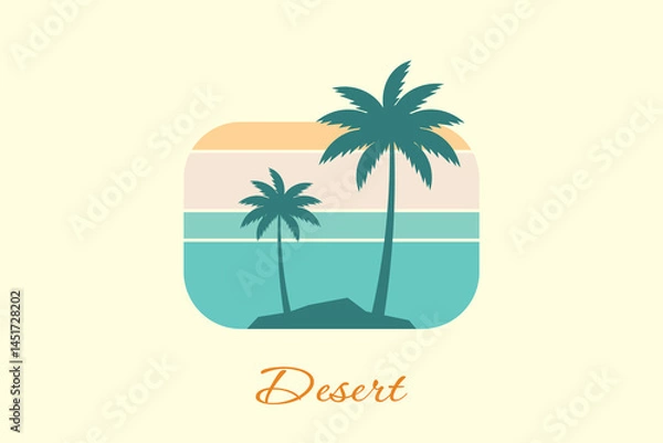 Fototapeta Desert landscape logo, palm tree and cactus logo in line style with retro color theme