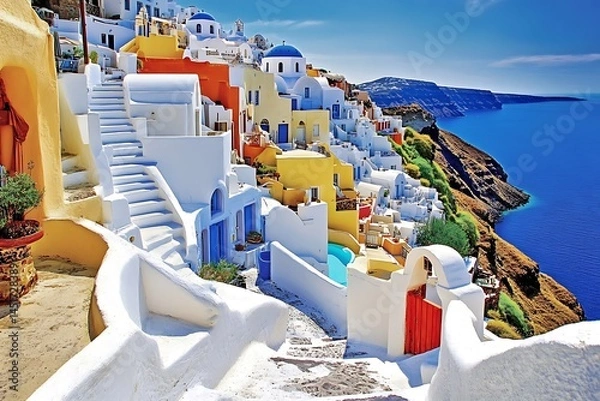 Obraz A Breathtaking Panorama of Santorini's White-Washed Buildings and Blue Dome Roofs