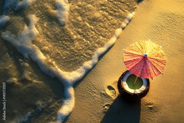 Fototapeta A Coconut Drink with a Tiny Umbrella Placed on a Beach Table