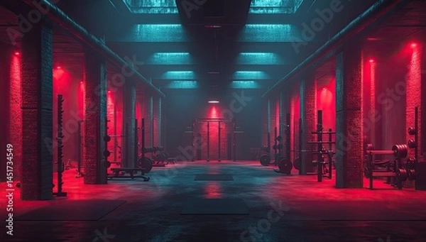 Fototapeta Dark Gym Interior with Red  Blue Lights.