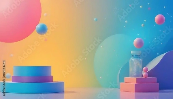 Fototapeta Colorful and Playful 3D Rendering of Abstract Shapes and a Medical Bottle