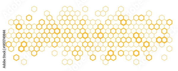 Fototapeta Abstract yellow hexagon or honeycomb random pattern isolated on a transparent background. Geometric shape elements for beehive, book cover, template, and decoration design. Vector illustration