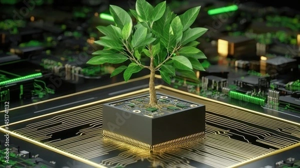 Fototapeta Fusion of organic growth and digital technology, tree sprouting from a tech circuit