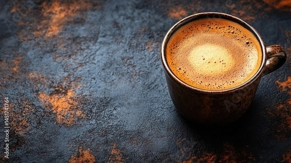 Fototapeta Coffee cup with foam on dark textured surface warm beverage drink.