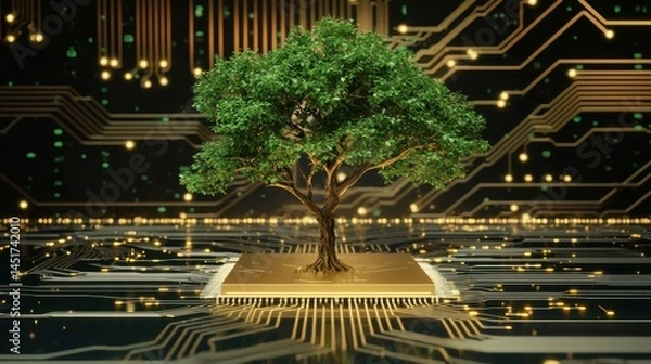 Fototapeta Green tree sprouting from circuit board, symbolizing harmony between nature and tech.