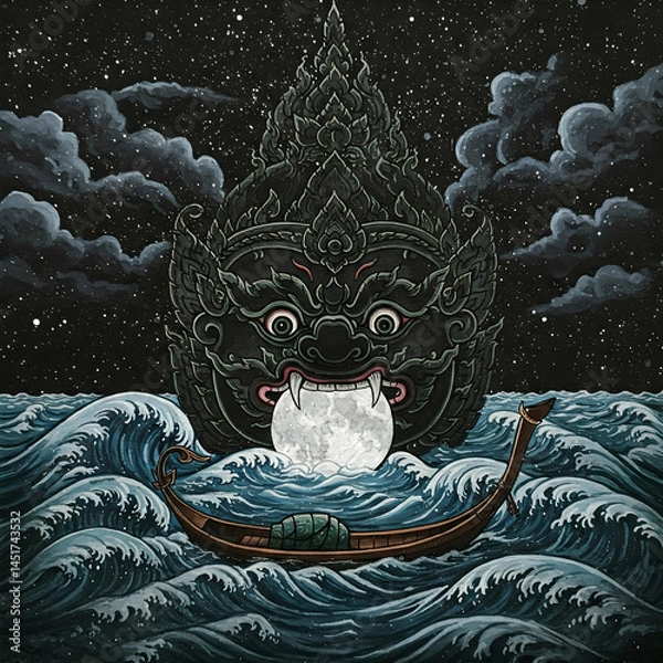 Obraz A Dramatic Depiction of Rahu Devouring the Moon Under a Starry Night Sky with a Distant Boat.