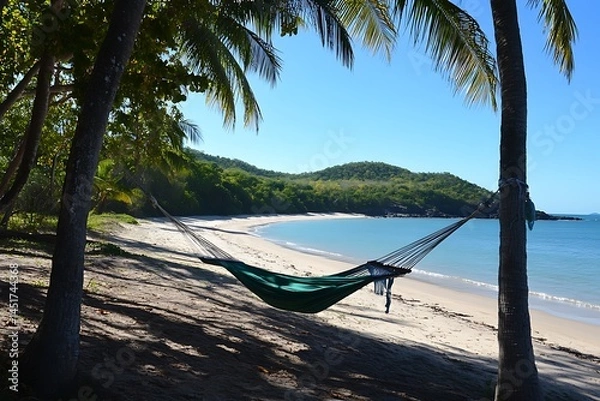 Obraz A Hammock Tied Between Two Palm Trees on a Remote Tropical Beach