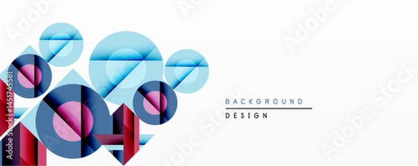 Fototapeta Abstract geometric shapes overlap, creating dynamic composition. Circles, triangles, squares blend blues, reds, pinks. Modern design element for backgrounds, presentations.