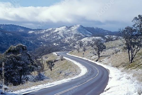 Obraz A Highway Passing Through a Snowy Mountain Landscape