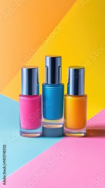 Fototapeta Vibrant nail polish bottles in three colors,  a pop of color