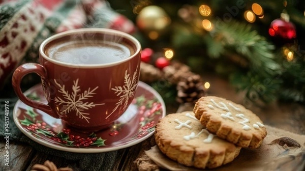 Obraz Festive holiday beverage and cookies on a wooden surface.