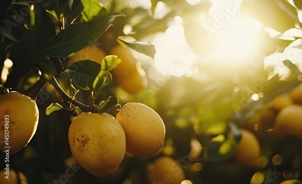Fototapeta Ripe lemons hanging from branches bathed in sunlight.  Focus on clusters of fruits, lush leaves, and warm light