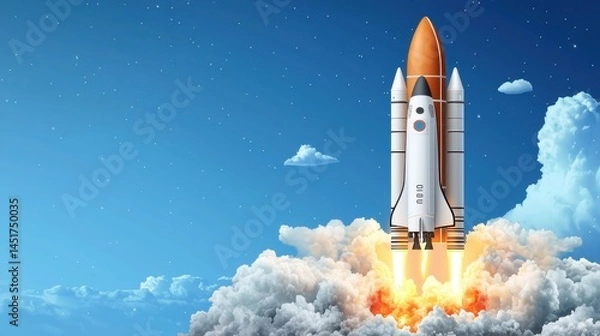 Obraz Sleek space rocket launching upward, engines ablaze, piercing the azure sky.