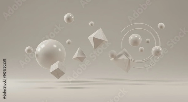 Fototapeta Floating Geometric Shapes with Soft Shadows on Neutral Background