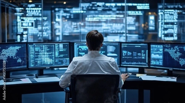Fototapeta A sophisticated digital workspace featuring icons of integrated risk management systems and compliance software.