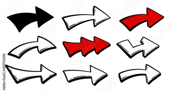 Fototapeta Hand-Drawn Arrow Set: Bold Black, White, and Red Directional Indicators