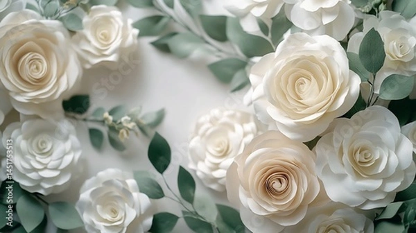 Fototapeta Elegant creamy paper roses with leaves
