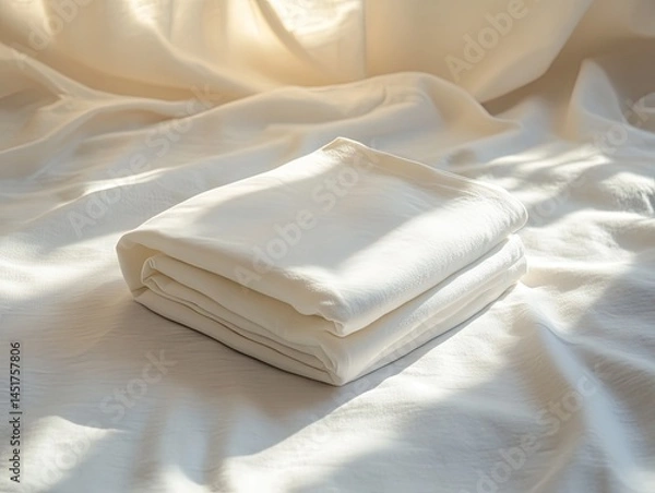 Fototapeta A Neatly Folded White T-Shirt Displayed on a Cream-Colored Fabric Surface Under Soft, Diffused Natural Light