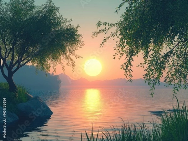 Fototapeta A spectacular sunset reflecting over a calm lake with silhouette trees landscape in a scenic nature background provides tranquility