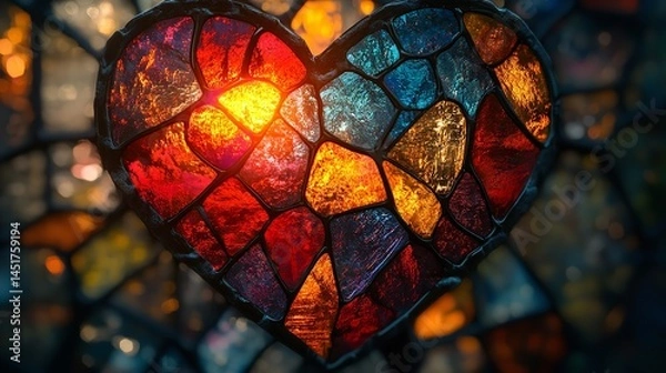 Fototapeta Vibrant stained glass heart backdrop for text concept