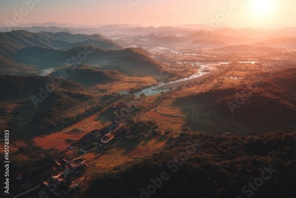 Fototapeta MAHJONG DAY, concentration, drone camera, aerial lens, dawn, landscape, panoramic, High Realism Level, golden hour lighting