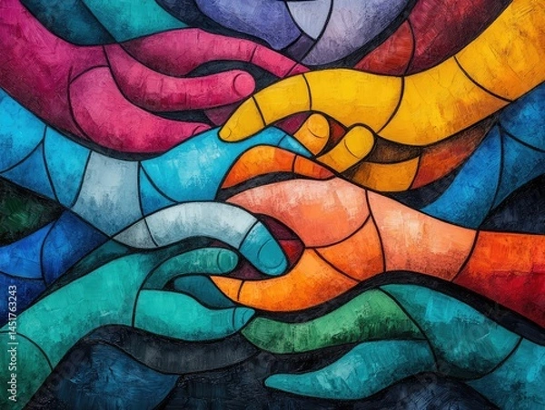 Fototapeta Abstract Interwoven Hands Illustration Symbolizing Unity and Support Showcasing Vibrant Colors and Collaboration Across Diverse Cultures