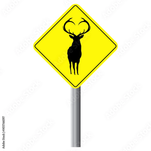 Fototapeta Deer silhouette wildlife crossing sign board vector illustration set.Readily editable and usable wild animal yellow sign graphic element.Beautiful and unique horned deer bright yellow caution boards.