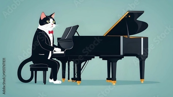 Obraz Elegant tuxedo cat plays grand piano musical feline artistry