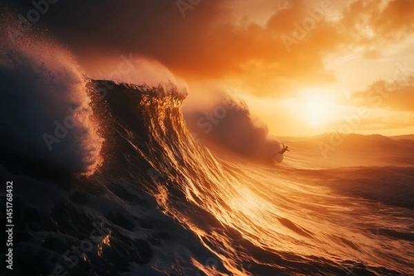 Obraz A Surfer Riding a Massive Wave at Sunrise