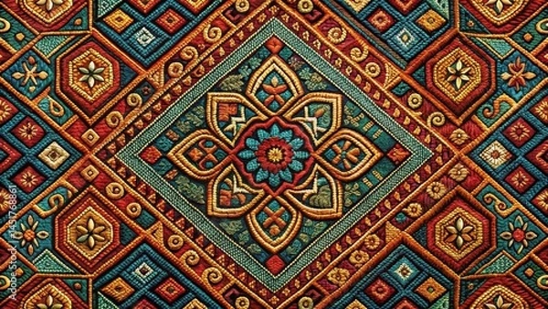 Fototapeta Intricate geometric patterns woven into a richly textured fabric with swirling shapes and vibrant colors, woven art, intricate patterns
