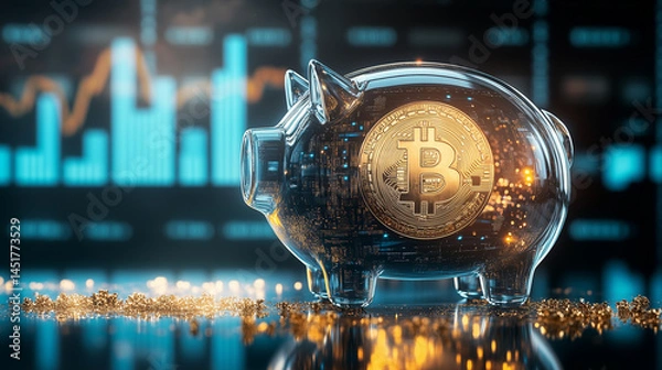 Fototapeta Transparent piggy bank holding bitcoin coin on digital financial graph background representing crypto investment and blockchain economy

