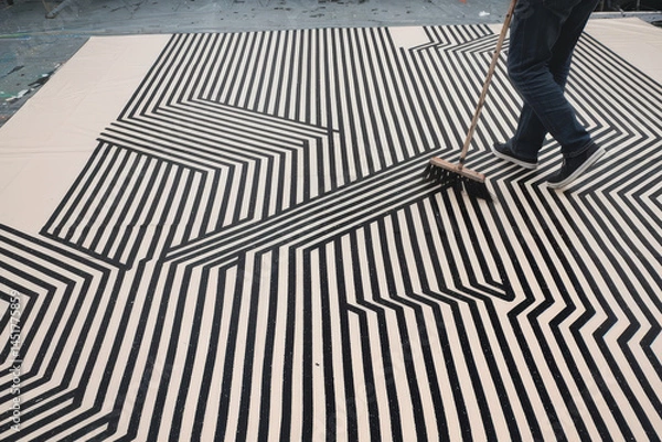Fototapeta Person Working on Large Geometric Floor Art Pattern