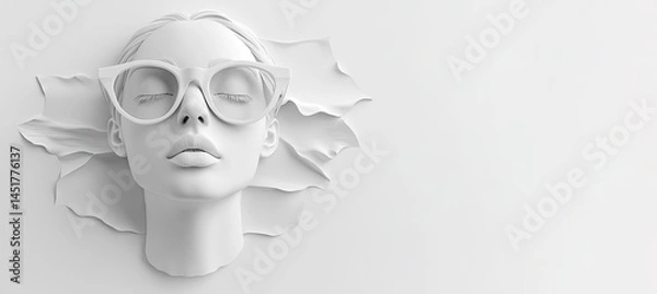 Fototapeta Ethereal Portrait of Woman with Glasses in Textured All-White Composition