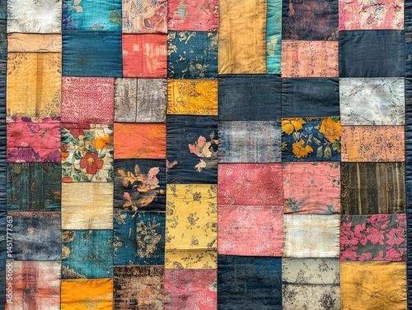 Fototapeta Exquisite floral patchwork quilt showcasing vibrant colors and intricate detailing, perfect for textile and craft enthusiasts