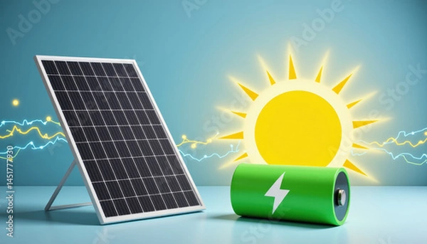 Fototapeta Solar panel generating energy beside a green battery, sustainable technology