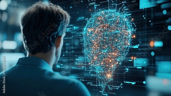 Fototapeta Leadership Analytics Computing, A Business Leader Leveraging AI and Data Insights for Smarter Decisions in Leadership Analytics Computing Person contemplating AI brain visualization.