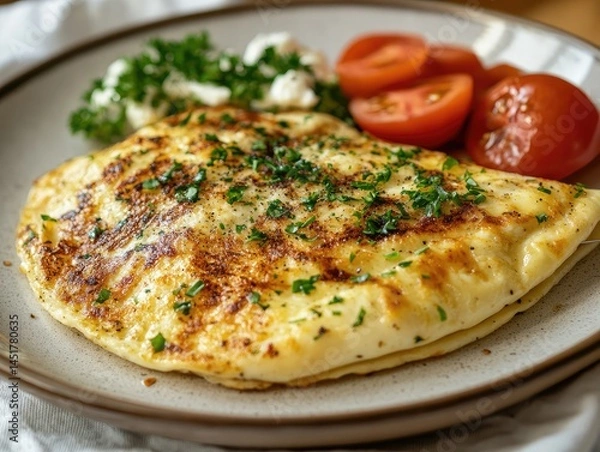 Fototapeta Healthy and delicious omelette with fresh vegetables on rustic plate