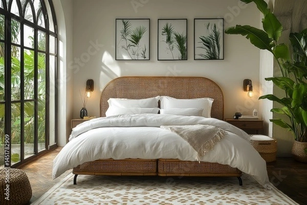 Fototapeta Minimalist metal-frame bed with natural rattan headboard and footboard, white and beige bedding, and storage boxes in airy bedroom