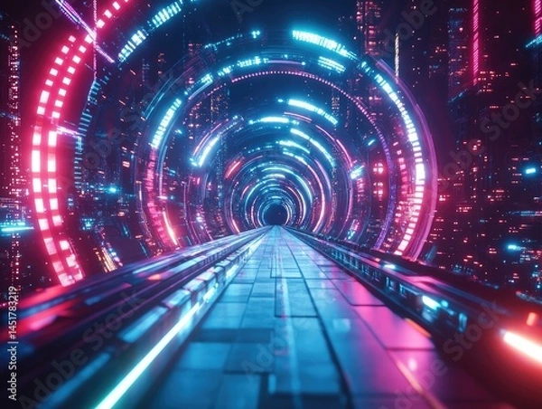 Fototapeta Immersive journey through a futuristic neon-lit tunnel with holographic designs and advanced technological elements for virtual reality experience