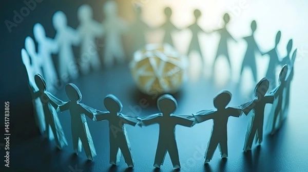 Fototapeta Paper Figures United in a Circle Symbolizing Collaboration and Teamwork towards a Central Goal in a Business Environment