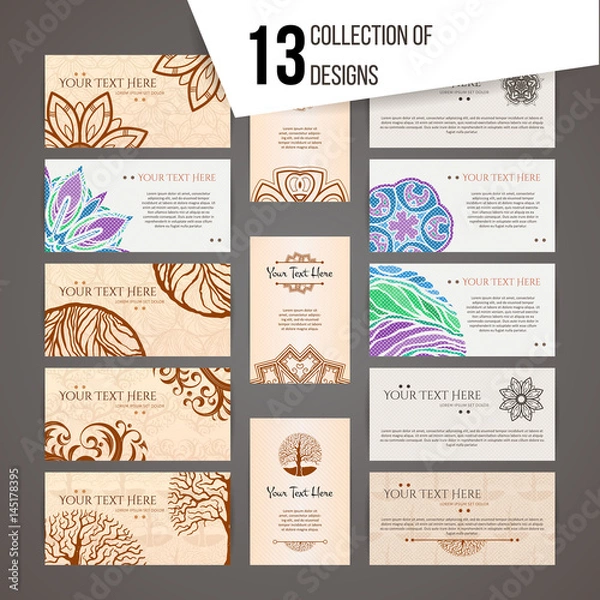 Fototapeta Set of vector design templates. Business card with floral circle ornament. Mandala style.