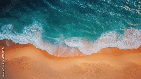 Obraz Aerial view of a sandy beach meeting turquoise ocean waves.