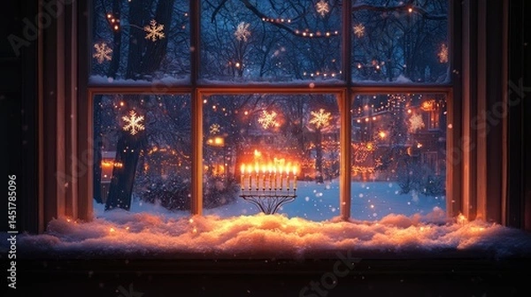 Fototapeta Magical Hanukkah Night, Illuminated Menorah Glows Behind Snowy Window Scene