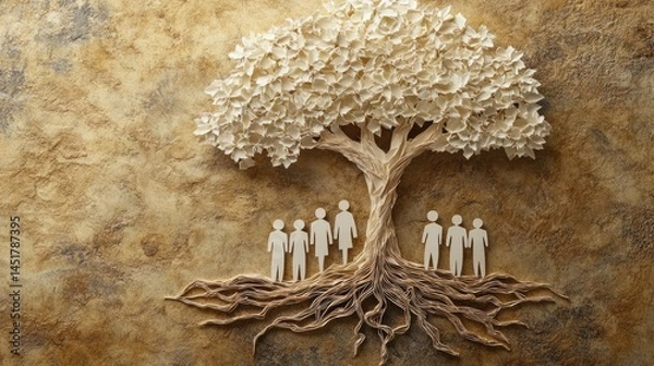 Fototapeta Paper-Cut Tree Illustrating Family Lineage and Generational Growth, Symbolizing Roots and Connections Across Generations