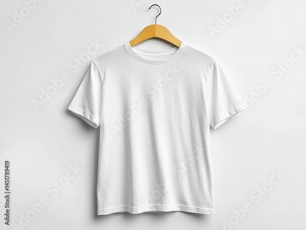 Fototapeta Plain white t-shirt hanging on wooden hanger for fashion apparel design mock-up display with a minimalist and clean style against a white backdrop